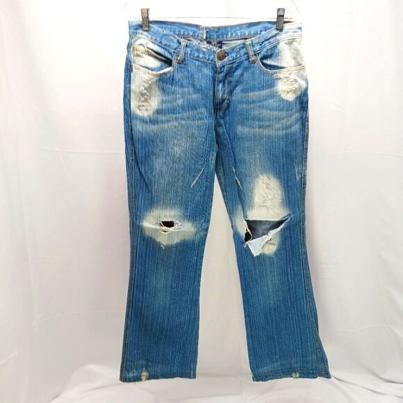 Y2K Custom Painted Distressed Bleached Denim Jeans Wearable Art Wings-Roses 12 - Picture 2 of 12